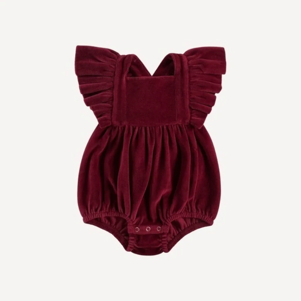 NWT Kate Quinn Velvet Ruffle Strap Bubble Romper w/ Headband Redwood 12-18 month